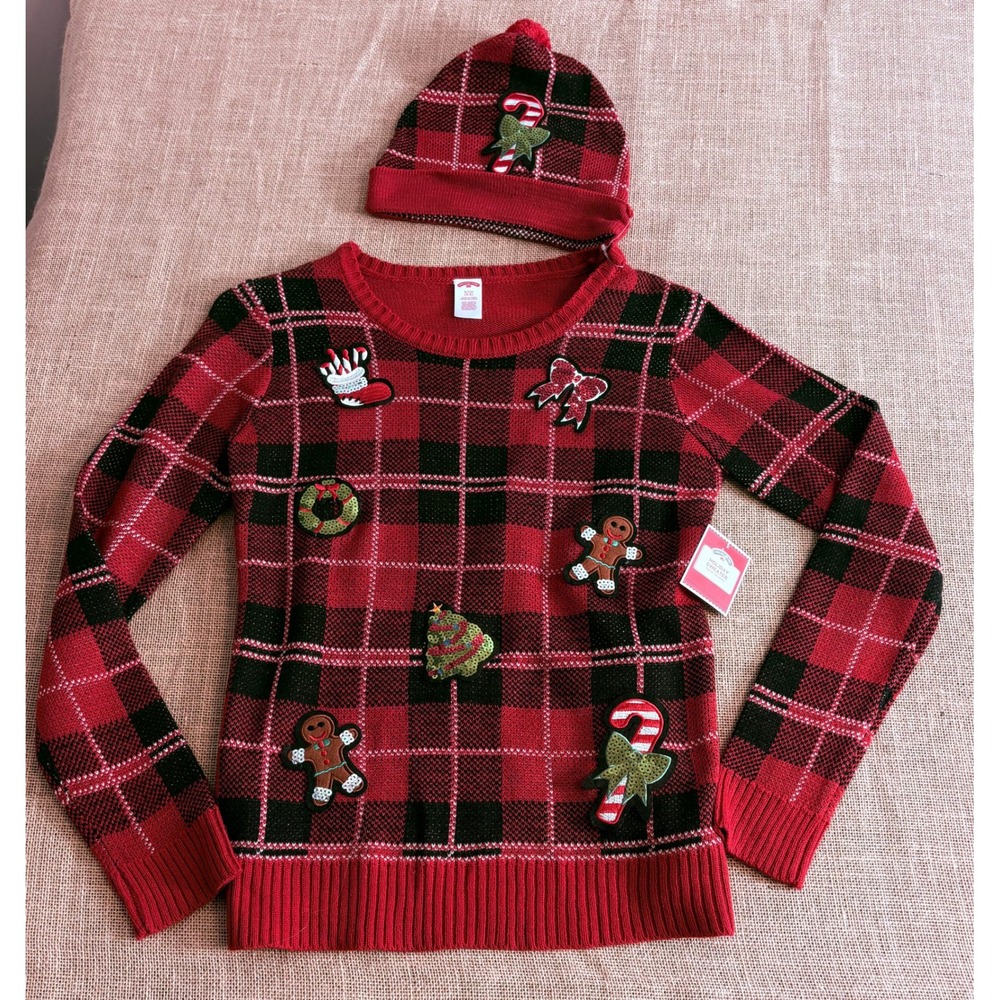 Festive Christmas Sweater Beanie Set NEW Red Black Buffalo Plaid Sequin Small
